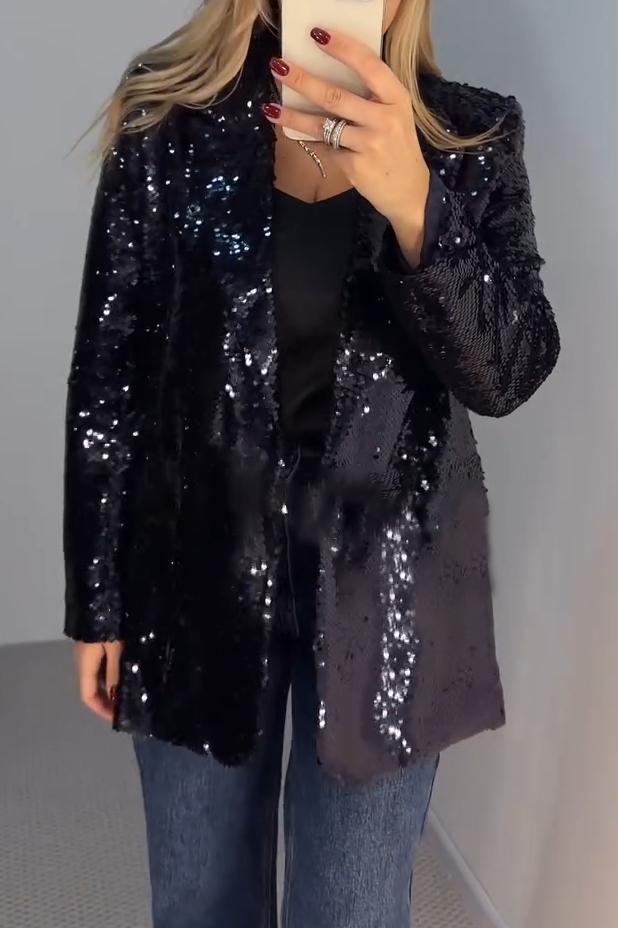 Women's Casual Elegant Solid Color Sequin Blazer black