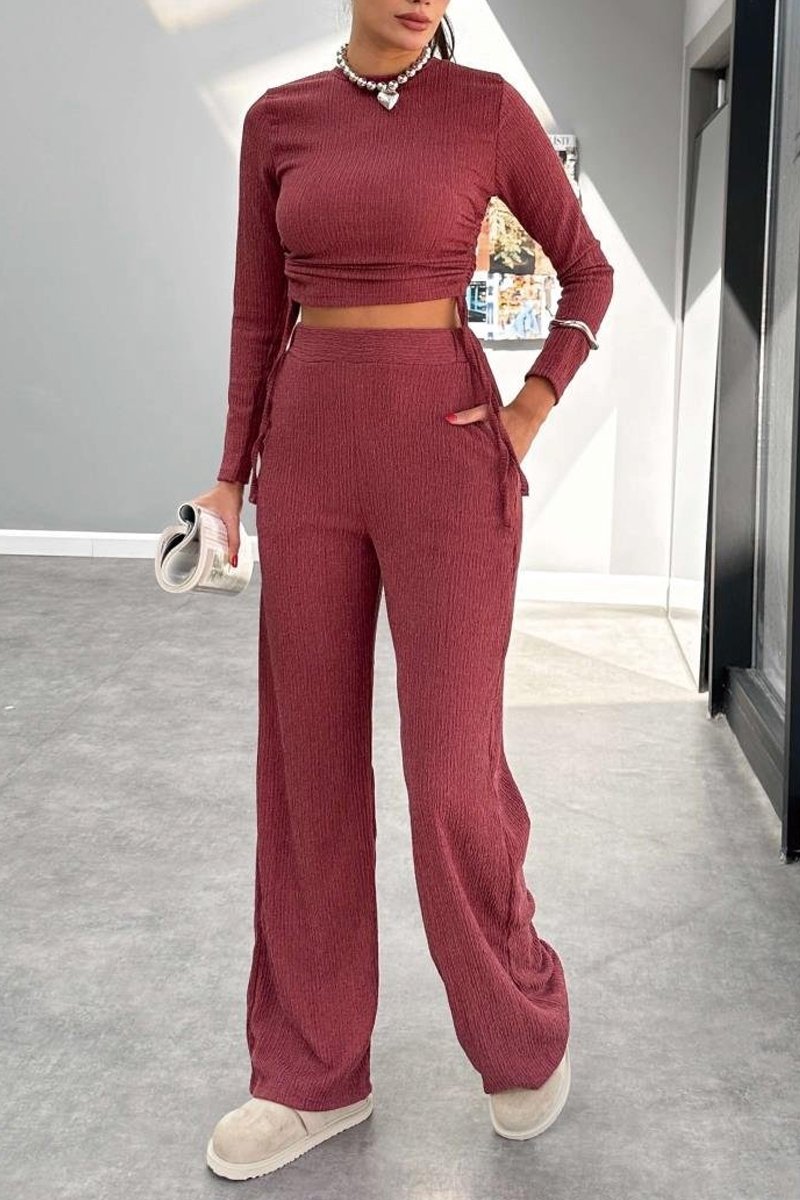 Women's Solid Color Ribbed Drawstring Top and Pants Set Wine