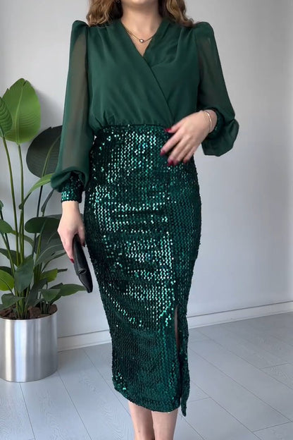 Ladies Elegant V-neck Sequin Slit Dress green