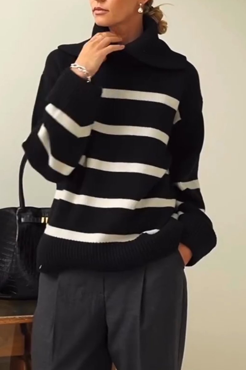 Roll-neck black and white striped sweater