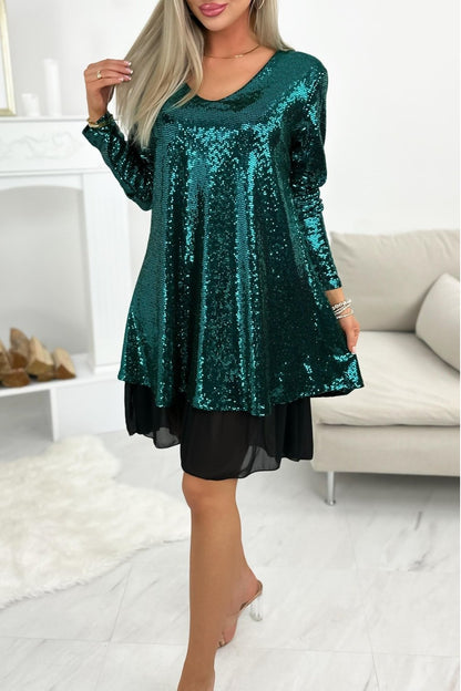 Ladies Casual Elegant V Neck Sequin Dress green