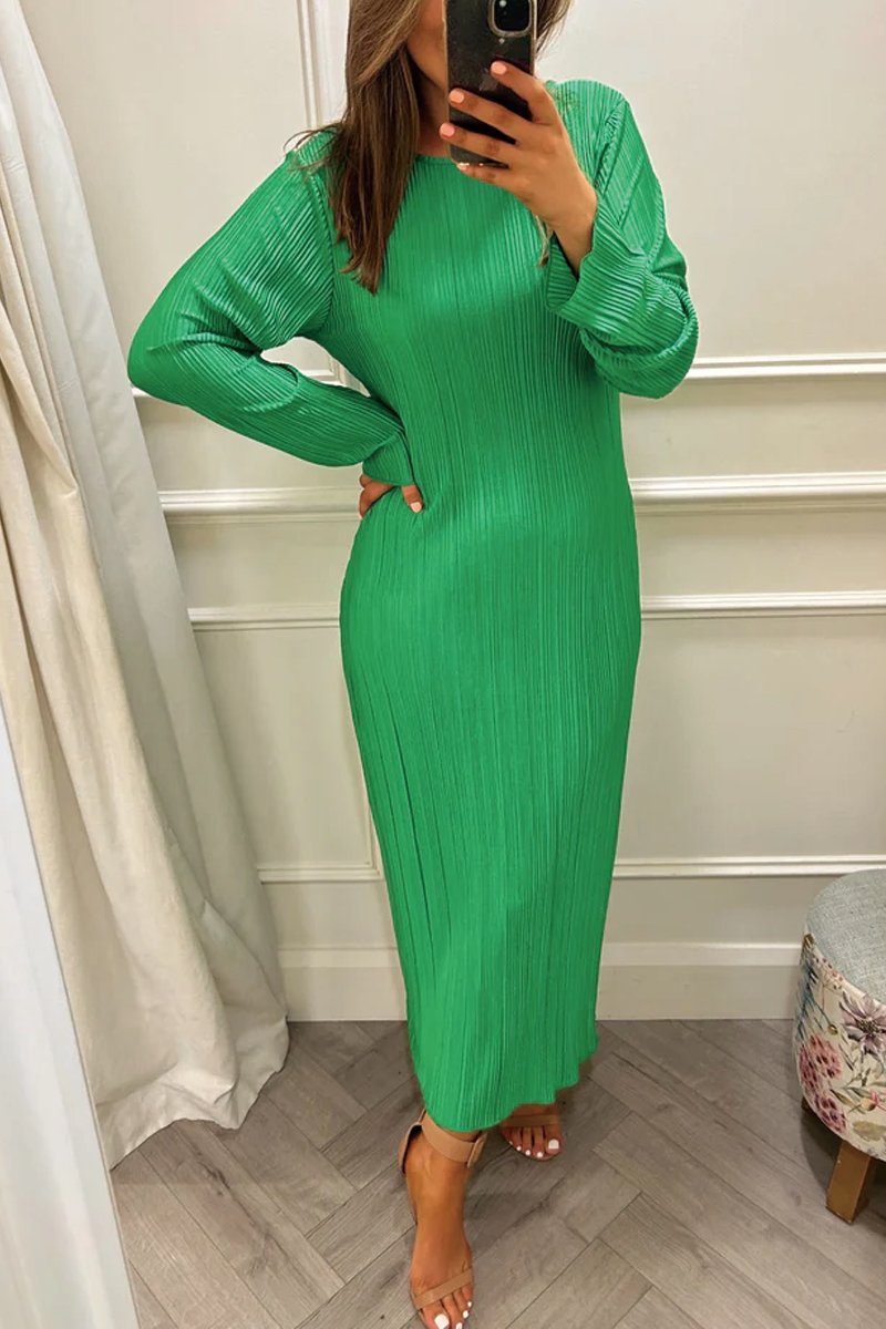 Women's Pleated Solid Maxi Dress Green