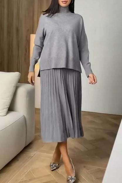 Elegant high-neck pleated skirt set for women Gray