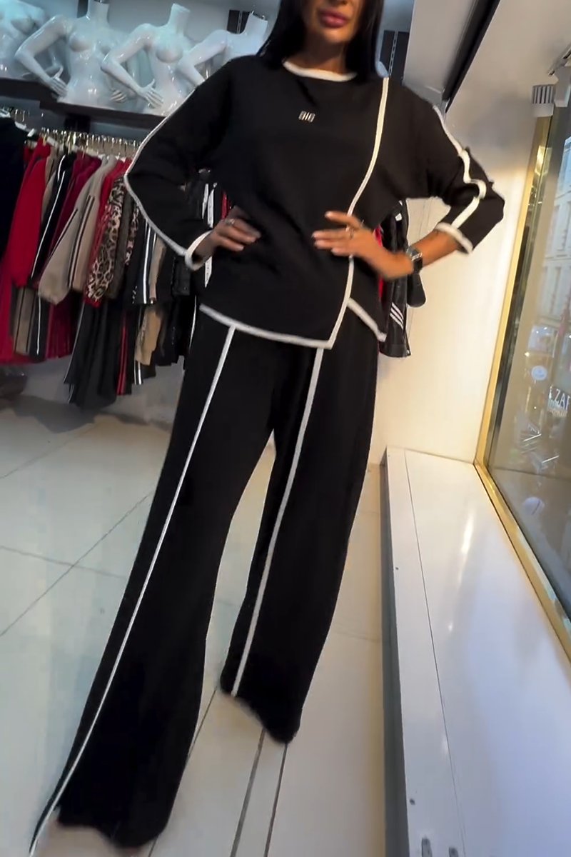 Women's Casual Contrast Color Irregular Pants Suit Black