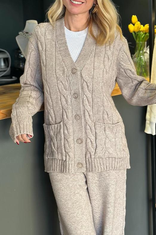 Women's casual texture v-neck knitted jacket suit