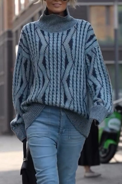 High-necked two-tone sweater blue