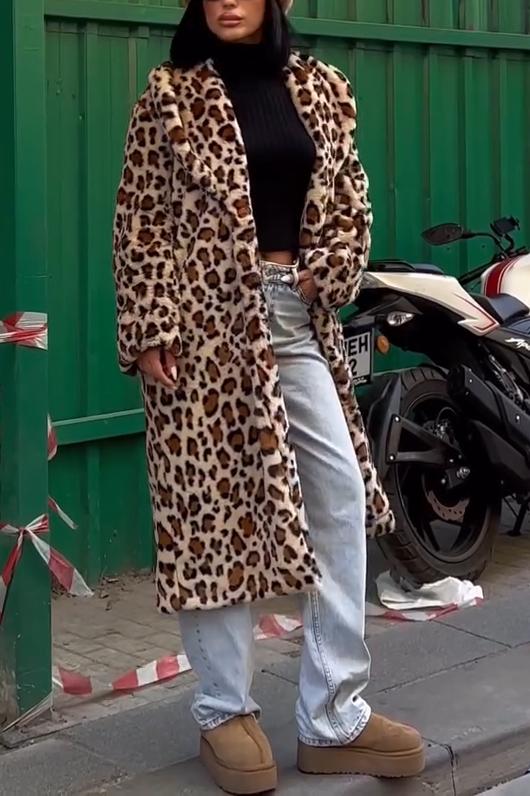 Ladies casual warm lapel leopard print coat brown