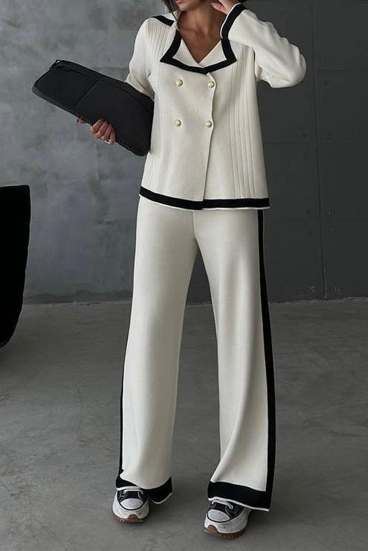 Women's casual lapel contrast knit set White