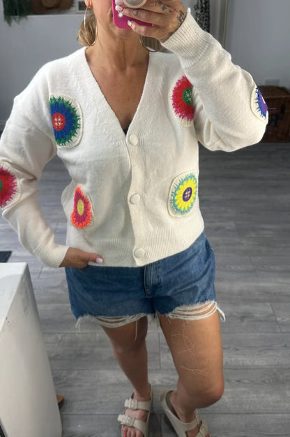 Women's floral knitted short cardigan White