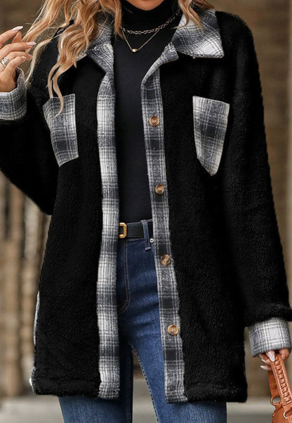 Single-breasted Lapel Plaid Plush Coat Black