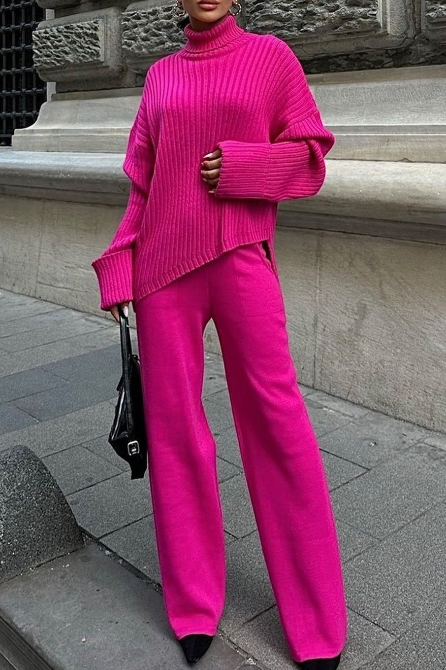 Women's turtleneck irregular hem sweater suit Rose pink