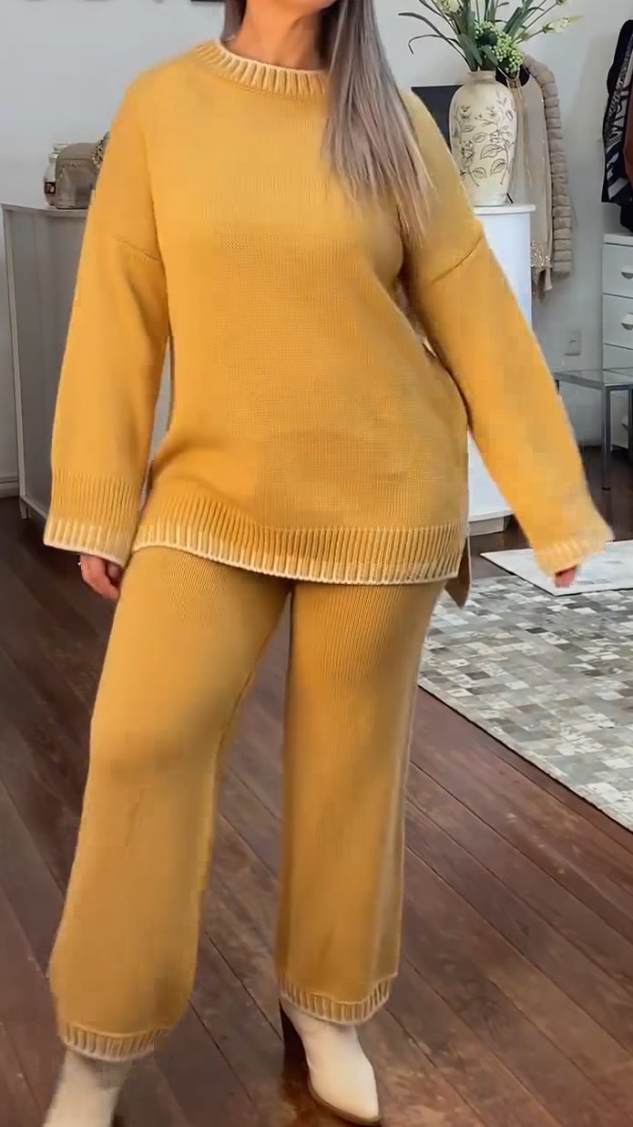 Women's Casual Loose Contrast Color Knitted Pants Suit Yellow