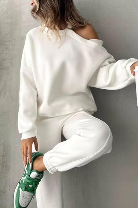 Women's irregular off-the-shoulder sweatshirt set White