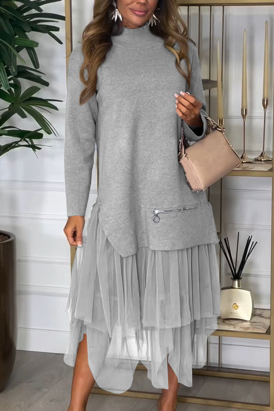 Women's Casual Solid Color Mesh Patchwork Dress grey